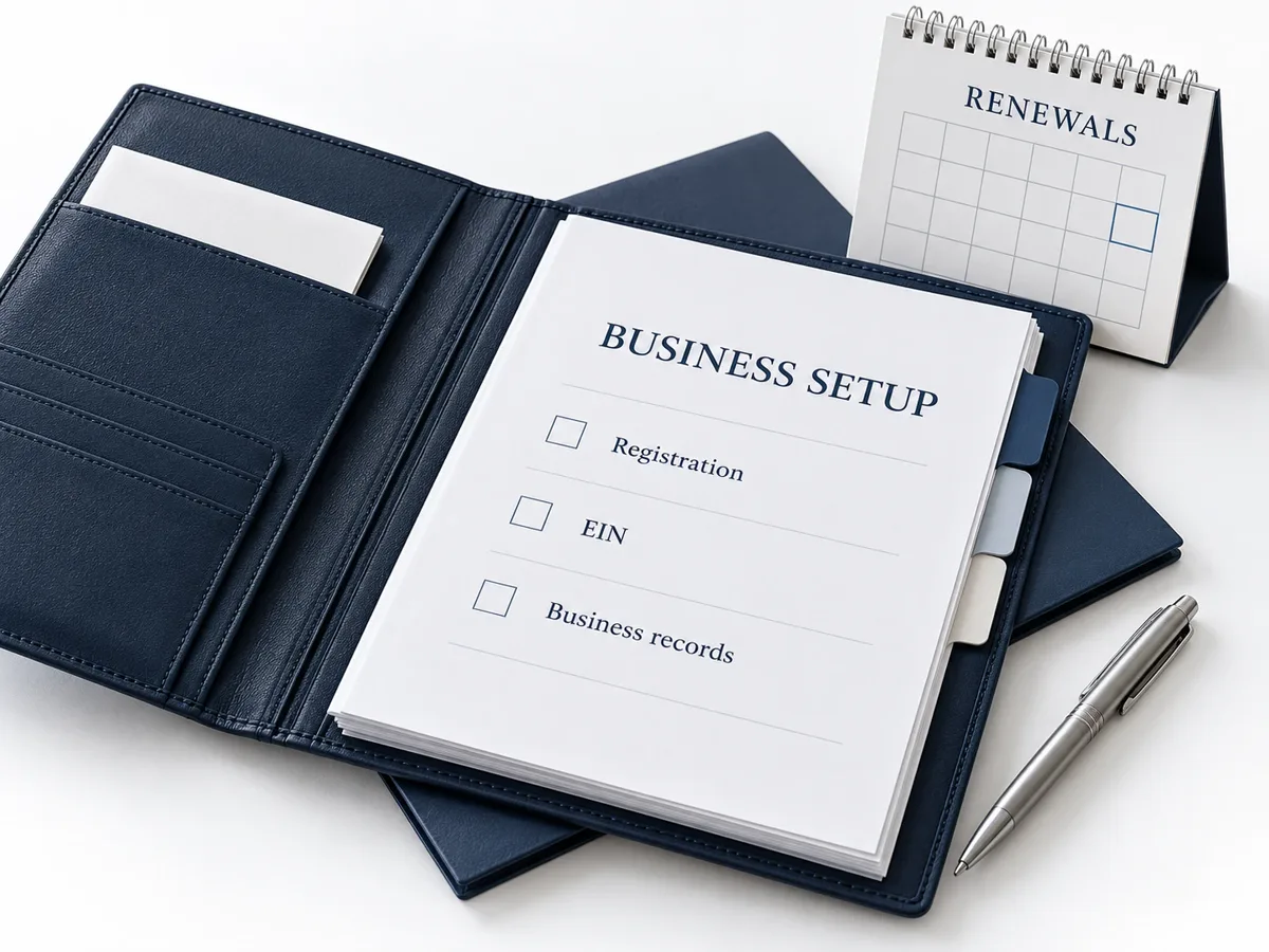 A navy portfolio open to a business setup checklist for registration, EIN and business records, with a renewals calendar